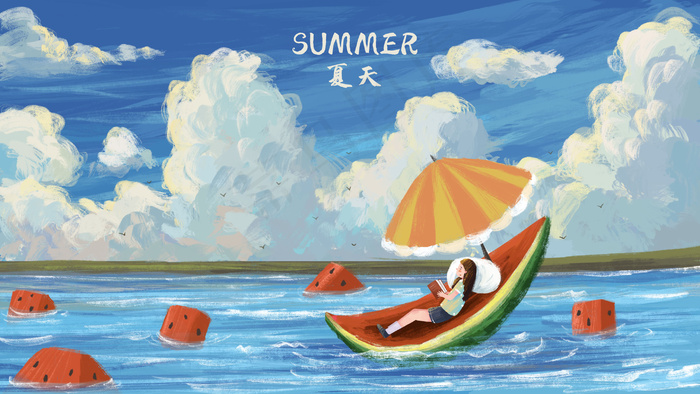 立夏主题之夏天西瓜天空治愈系风景(2880*1620px 300 dpi )psd模版下载