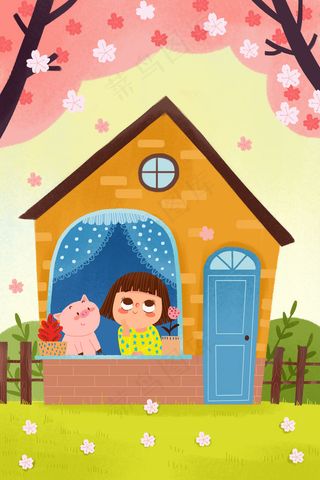 春天卡通小清新小女孩看樱花配图