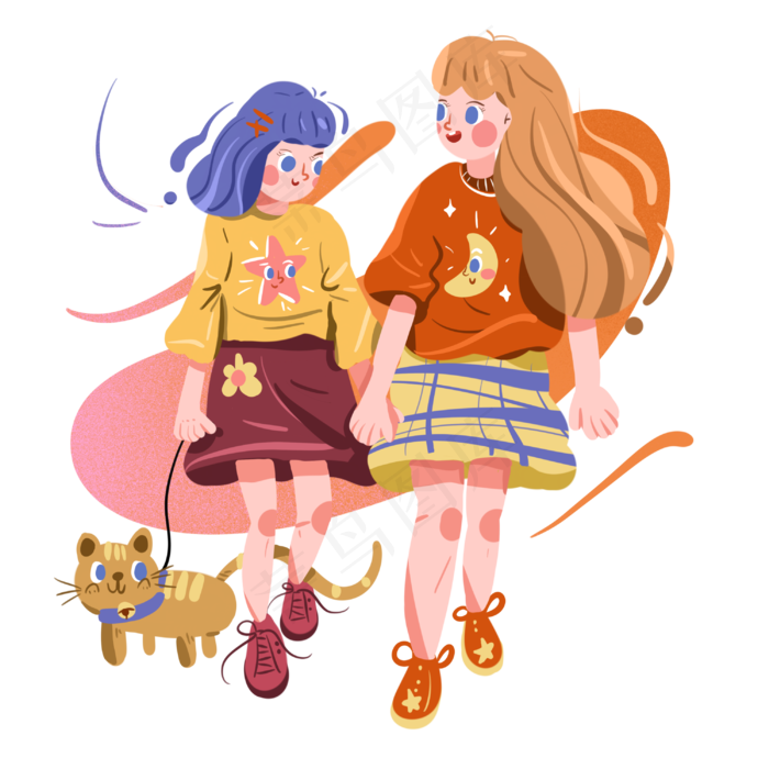 儿童节遛猫散步的两个女孩