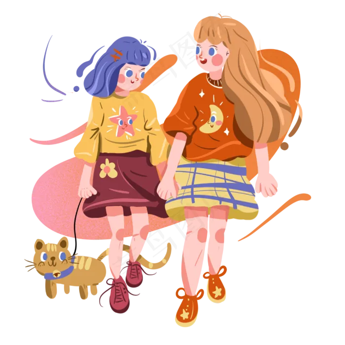 儿童节遛猫散步的两个女孩(3000X3000(DPI:300))psd模版下载