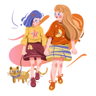 儿童节遛猫散步的两个女孩