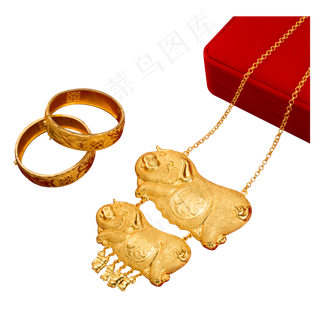 一条金猪项链和一个锦盒,免抠元素
