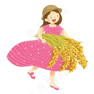 粉色裙子女孩手捧稻穗,免抠元素