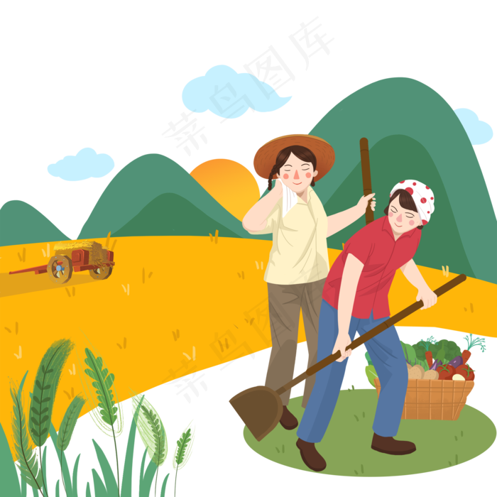 丰收金黄美丽勤劳妇女PNG,免抠元素