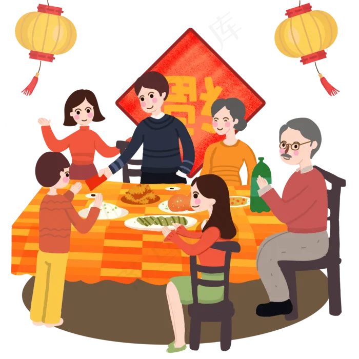 卡通手绘新年家人团聚开心吃年夜,免抠元素