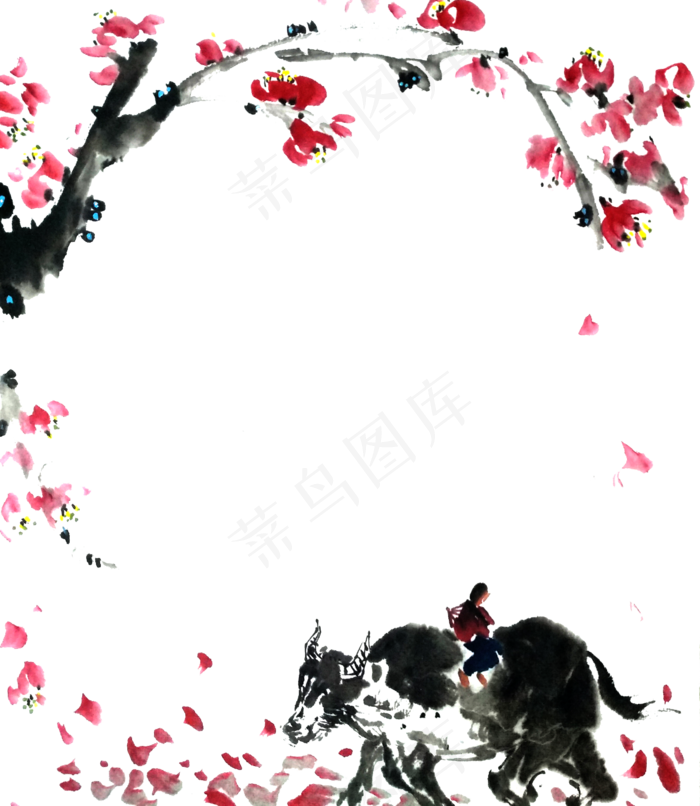 国画水墨桃花红梅海棠牧童黄牛P