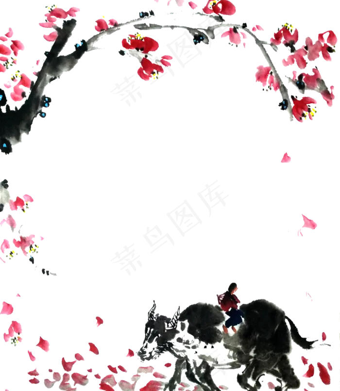 国画水墨桃花红梅海棠牧童黄牛P