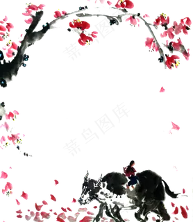 国画水墨桃花红梅海棠牧童黄牛P