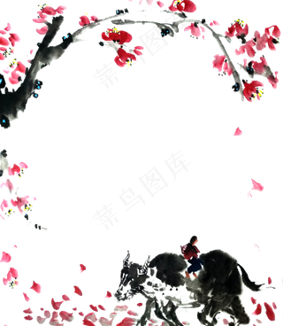 国画水墨桃花红梅海棠牧童黄牛P