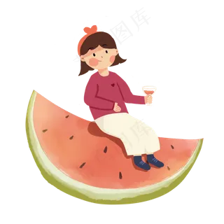大暑女孩坐在西瓜上喝西瓜汁PNG
