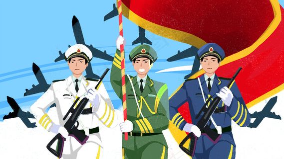 卡通手绘风建军节三军配图