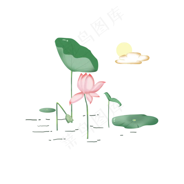荷花荷叶绿色小清新手绘风元素(2000X2000(DPI:200))psd模版下载