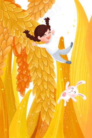 二十四节气芒种稻谷女孩兔子玩偶