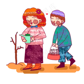 手绘植树节情侣一起植树浇水