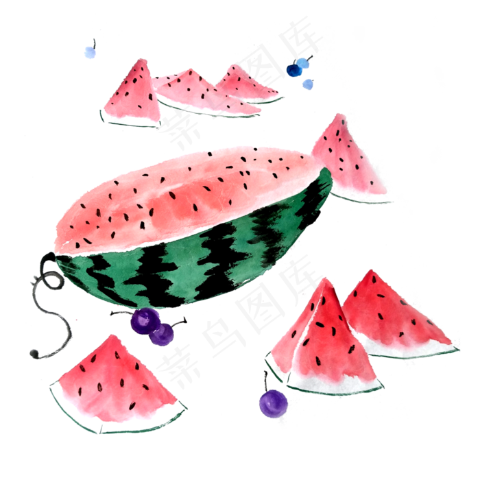 水果水墨国画鲜果夏日解渴PNG(3000X3000(DPI:300))psd模版下载
