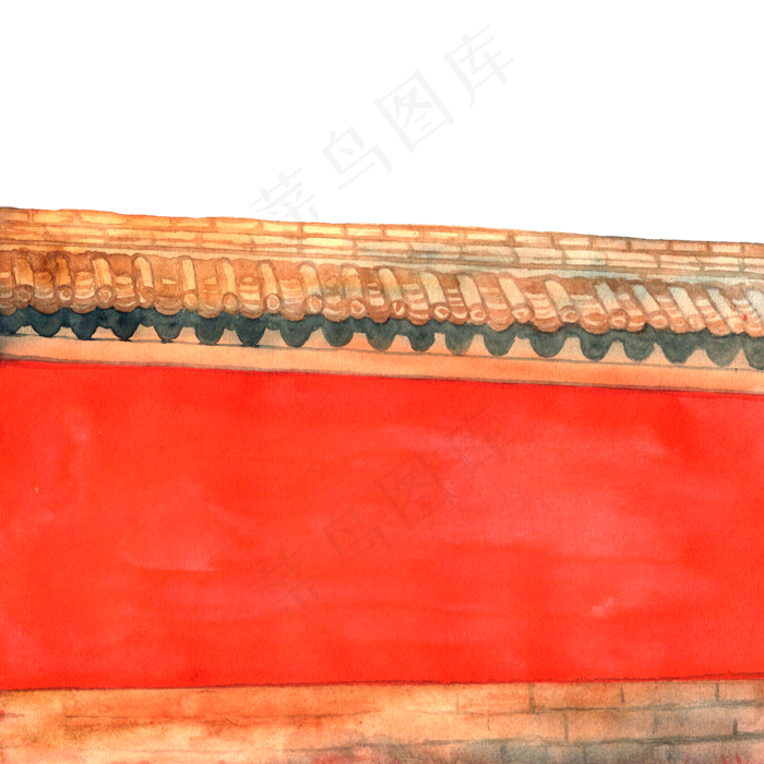 彩色手绘故宫红墙装饰画,免抠元素