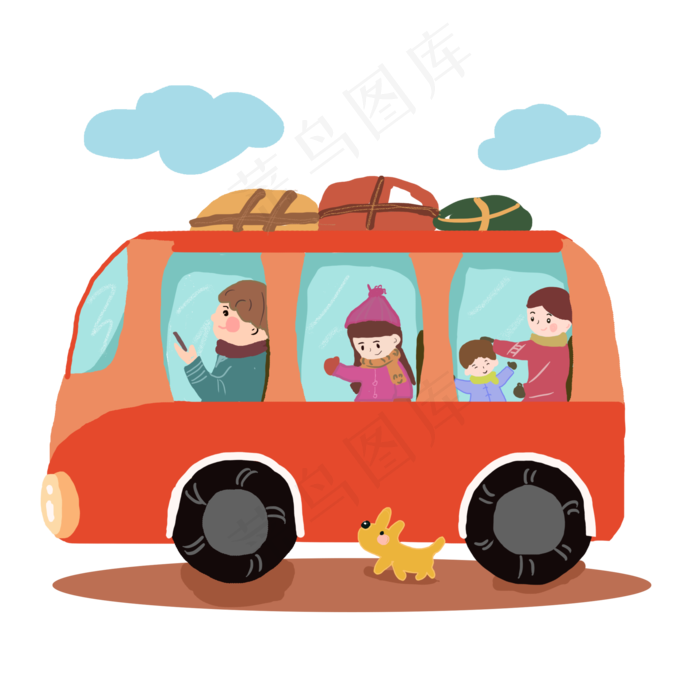 手绘春分插画粉色的汽车全家春游,免抠元素