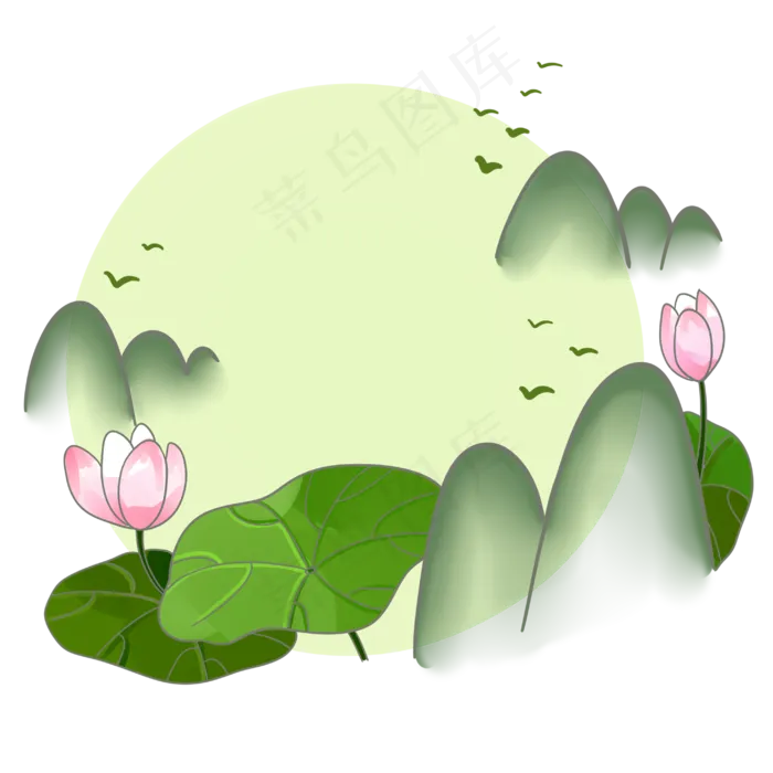 春夏淡彩水墨山水荷花飞鸟PNG(2894X2894(DPI:350))psd模版下载