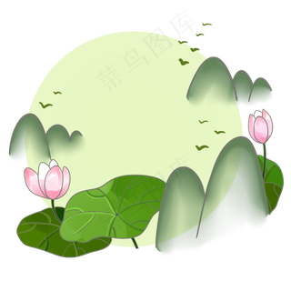 春夏淡彩水墨山水荷花飞鸟PNG