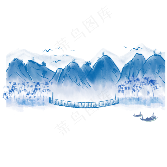 青花瓷风格水墨古风山水景色