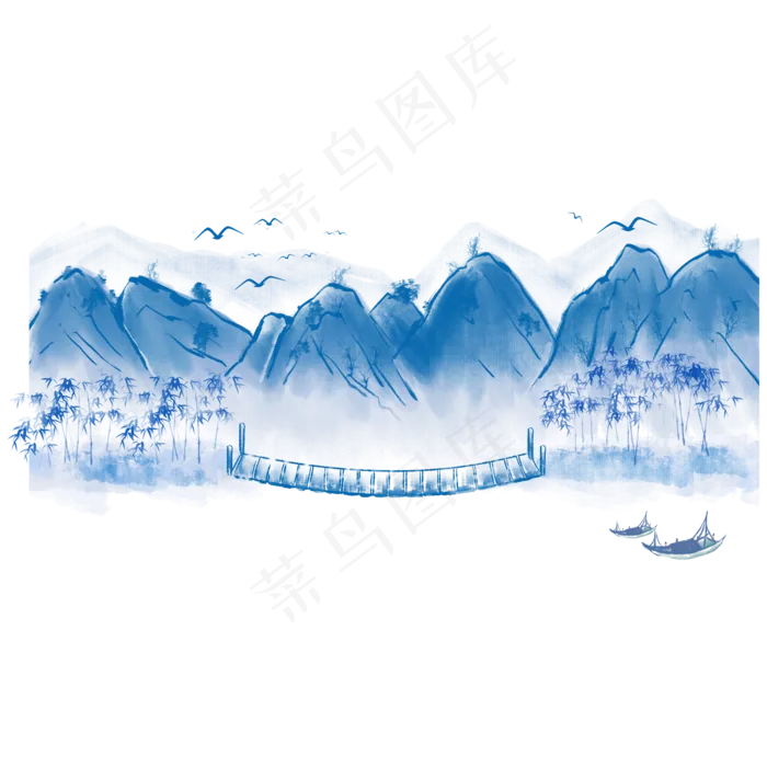 青花瓷风格水墨古风山水景色(2000X2000(DPI:300))psd模版下载