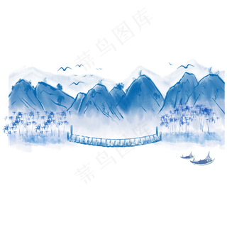 青花瓷风格水墨古风山水景色