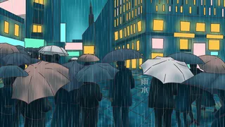 夜晚下雨回家的人们