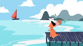 蓝色系卡通手绘风五月你好海边女孩配图