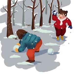 在雪地里打雪仗的小朋友手绘卡通,免抠元素