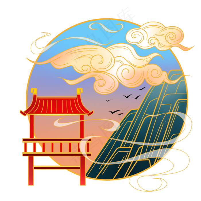 国潮风古建筑山水