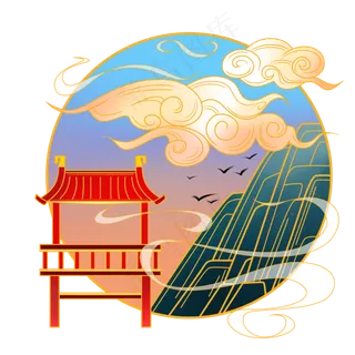 国潮风古建筑山水