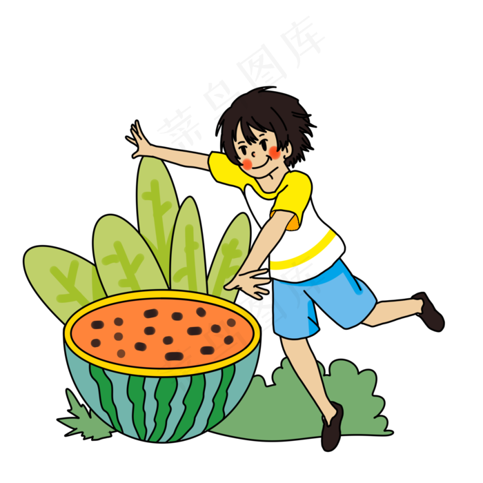夏日少年开心吃西瓜