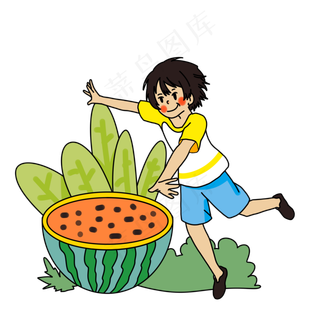 夏日少年开心吃西瓜