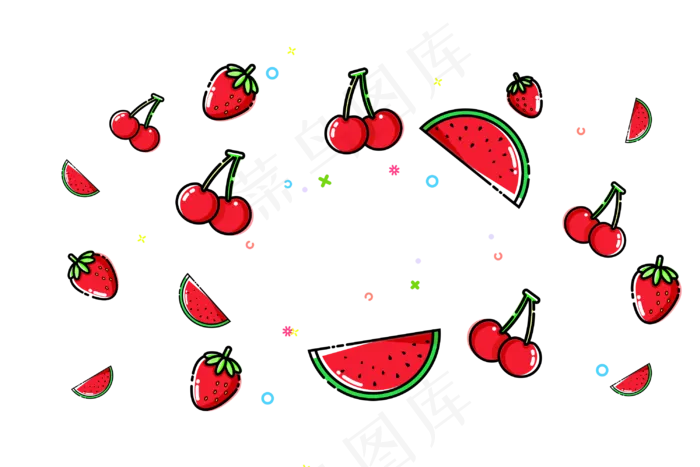 红色樱桃西瓜草莓水果,免抠元素(3000*2000px 300 dpi )psd模版下载