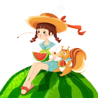 女孩和松鼠在吃西瓜