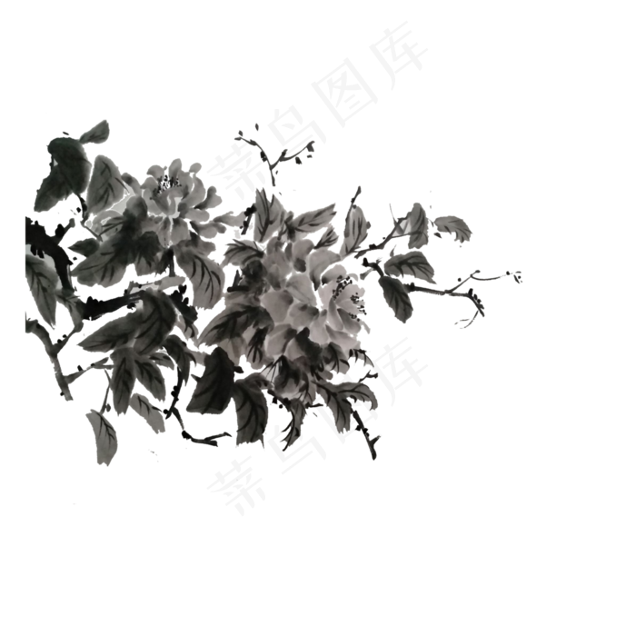 水墨牡丹黑白国画富贵典雅传统PNG,免抠元素(3000X3000(DPI:300))psd模版下载