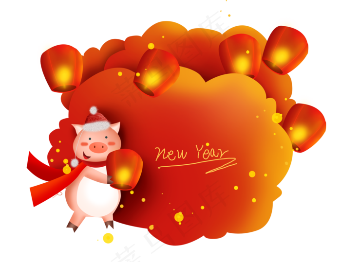 2019猪年孔明灯云朵文字框,免抠元素