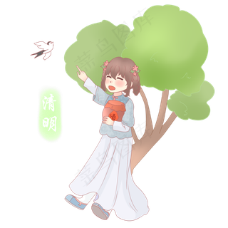 清明节坐在树上女孩