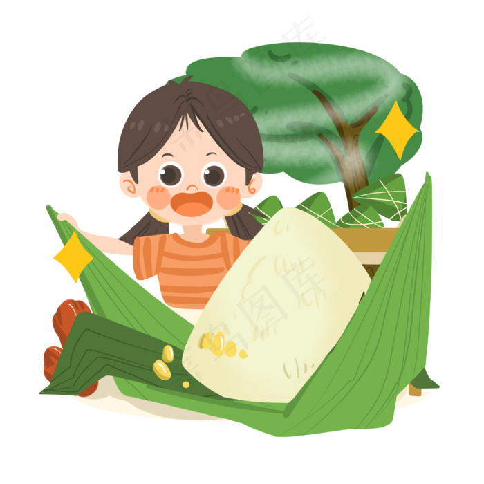 卡通女孩端午节吃粽子PNG素材