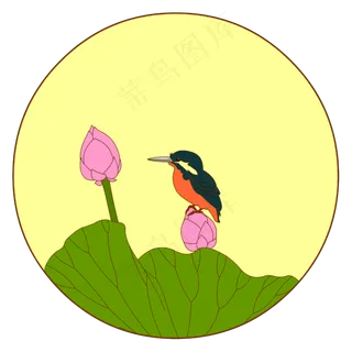 中国风花鸟圆形边框翠鸟荷花矢量,免抠元素
