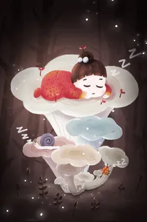 暖色系治愈系春天春困蘑菇小女孩夜晚手机配 暖色系治愈系春天春困蘑菇小女孩夜晚手机配