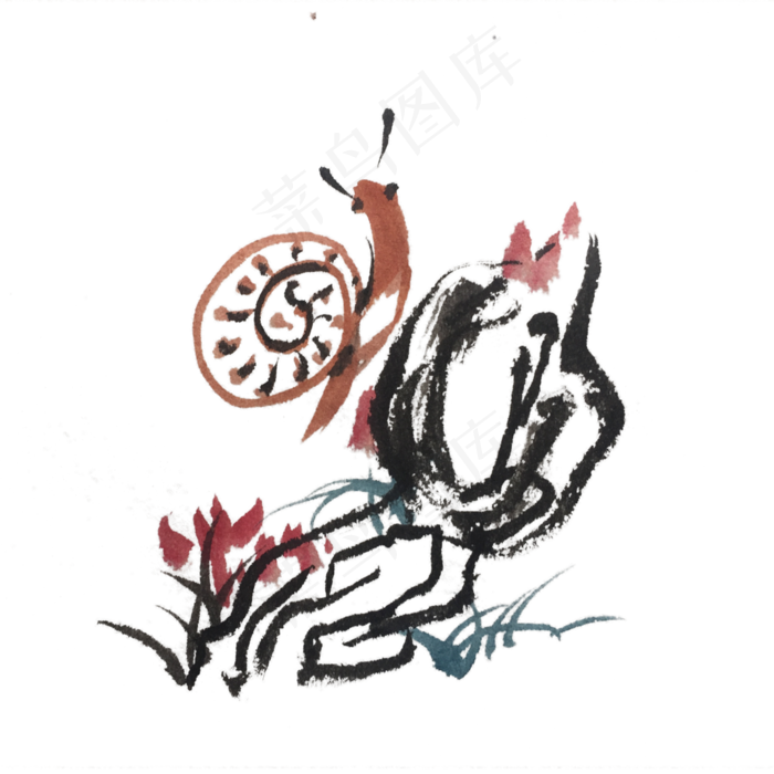 中国风水墨蜗牛手绘插画,免抠元素