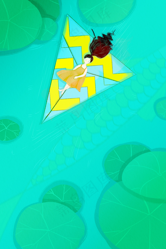 手绘儿童节荷塘纸飞机