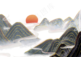 手绘水墨风金线山水,免抠元素