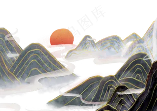 手绘水墨风金线山水,免抠元素