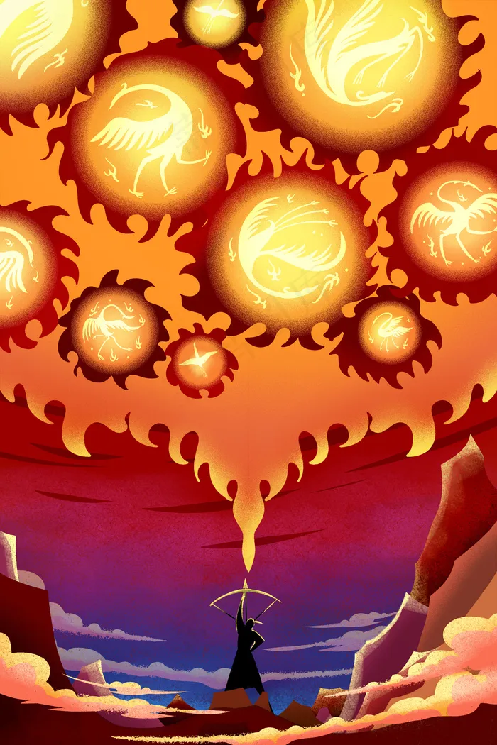 黄色系卡通手绘风神话系列射日配图(3545*5315px 300 dpi )psd模版下载