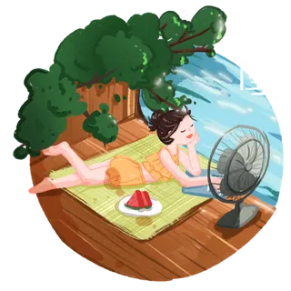 夏至河边吹风扇纳凉的女孩