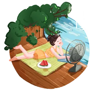 夏至河边吹风扇纳凉的女孩