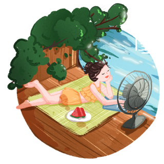 夏至河边吹风扇纳凉的女孩