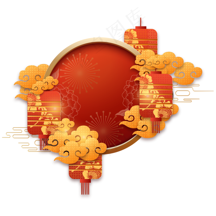 新年红色灯笼祥云装饰,免抠元素